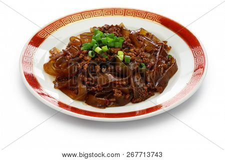 fenpi, green bean sheet jelly noodles with minced pork meat, chinese home cooking
