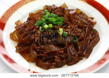 fenpi, green bean sheet jelly noodles with minced pork meat, chinese home cooking
