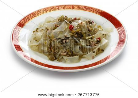 fenpi, green bean sheet jelly noodles with pickled cabbage, chinese home cooking
