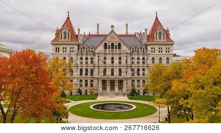 Its A Crisp Cold Day In Albany New York Downtown At The Statehouse In The Aerial View