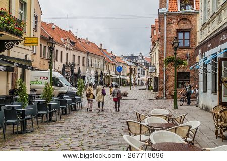 Kaunas, Lithuania - August 17, 2016: People Walk Along Vilniaus Gatve Street In Kaunas, Lithuania