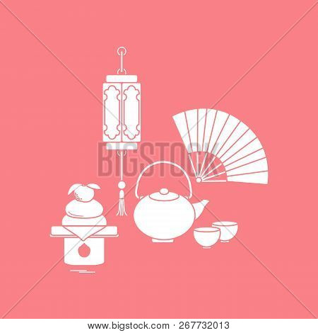 Eastern New Year Symbols. Chinese Lantern, Kettle With Two Cups, Fan, Kagami Mochi. Festive Traditio