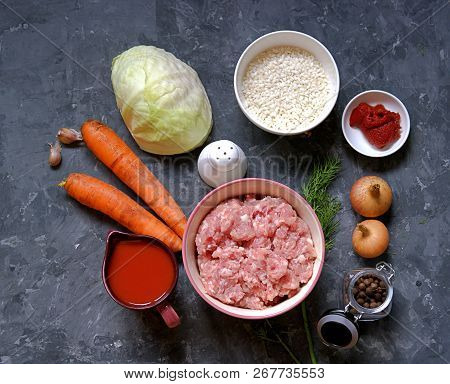 Ingredients For Cooking Cabbage Rolls With Minced Meat And Rice. Cabbage, Minced Meat, Tomato Juice,