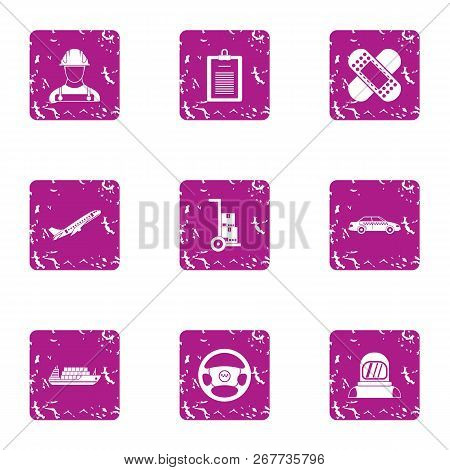 Shipping By Air Icons Set. Grunge Set Of 9 Shipping By Air Vector Icons For Web Isolated On White Ba