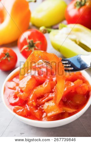 Canned Lecho From The Peppers And Tomatoes, Harvesting For The Winter