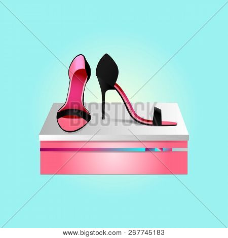 black high-heeled shoes with pink insole on blue box with colorful ribbon on blue background