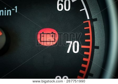 Car Battery Light In Dashboard Warning About Problems. Vehicle Panel With Red Indicator Electricity 