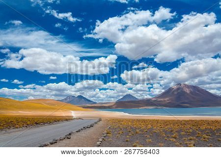 Atacama Altiplana Desert, Laguna Miscanti Salt Lake And Mountains Landscape, Miniques, Chile, South 