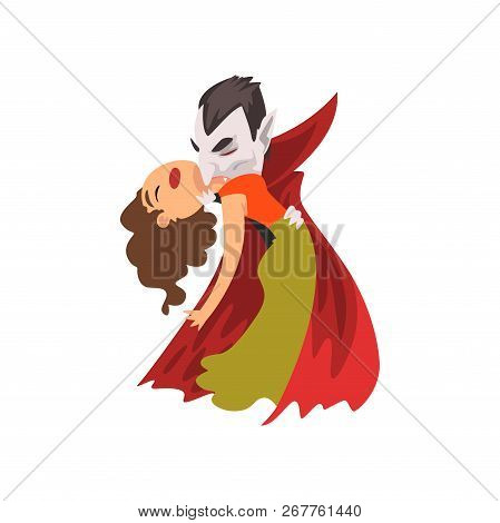 Count Dracula Biting A Beautiful Woman, Vampire Cartoon Character Vector Illustration On A White Bac
