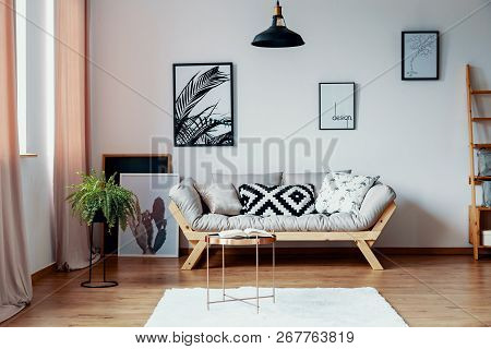 Patterned Pillow On Scandinavian Sofa In Stylish Interior With Gallery Of Poster, Real Photo