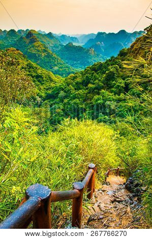 Halong Bay Mountain Viewpoint From Cat Ba Island, Ngu Lam Peak In Vietnam