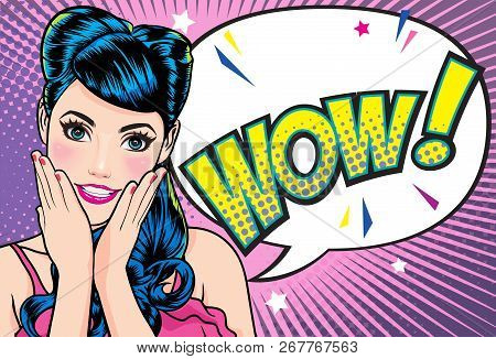 Surprised Woman Face With Open Mouth With Pink Lips With Dot Background Pop Art Comics Style.