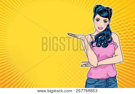 Smiling Woman Gesture Presenting Something  With Dot Background Pop Art Comics Style.