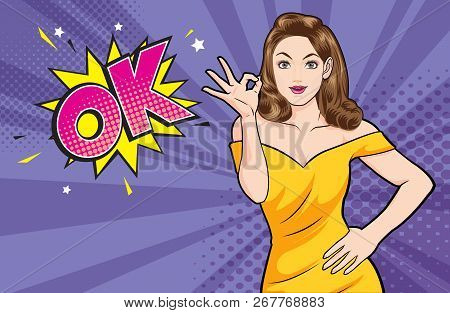 Woman Okay Gesture Action With Wow Dot Background Pop Art Comics Style.