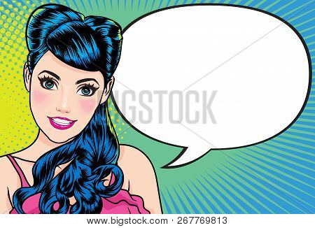 Smiling Woman Gesture Talking Presenting Something  With Dot Background Pop Art Comics Style.