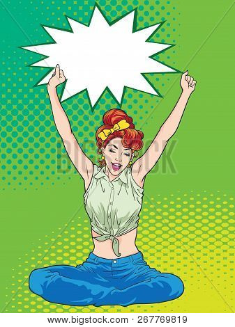 Woman Sitting Hand Up Be Happy With Dot Background Pop Art Comics Style.