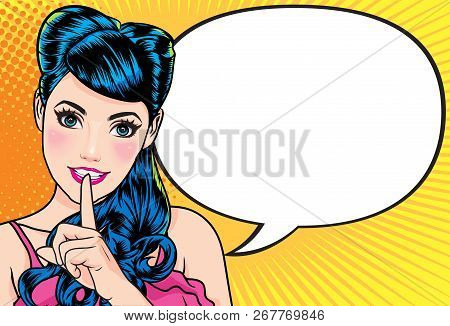 Woman With Finger On Lips, Silence Gesture, Pop Art Style Woman Banner, Shut Up.woman With Message S