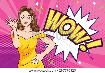 Woman Okay Gesture Action With Wow Dot Background Pop Art Comics Style.