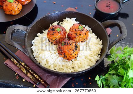 Spicy Chicken Balls In Sweet Chilly Glazur With Rice