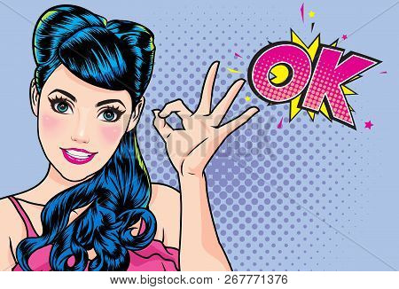 Woman Okay Gesture Action With Wow Dot Background Pop Art Comics Style.