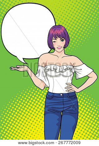 Smiling Woman Gesture Presenting Something  With Dot Background Pop Art Comics Style.