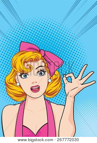Woman Okay Gesture Action With Dot Background Pop Art Comics Style.