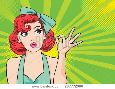 Woman Okay Gesture Action With Dot Background Pop Art Comics Style.