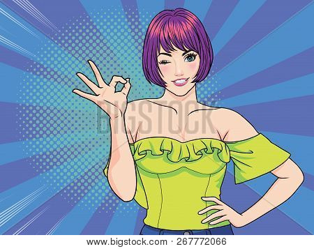 Woman Okay Gesture Action With Dot Background Pop Art Comics Style.