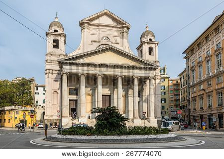 Genoa, Italy - October 28, 2017: Facade Of The Catholic Cathedral Basilica Della Santissima Annunzia