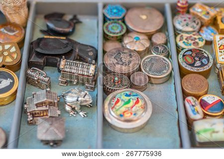 Сollection Of Vintage Small Snuffbox. Closeup Photo