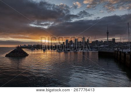 Sunrise Over The City Of Auckland And Westhaven Marina, New Zealand.