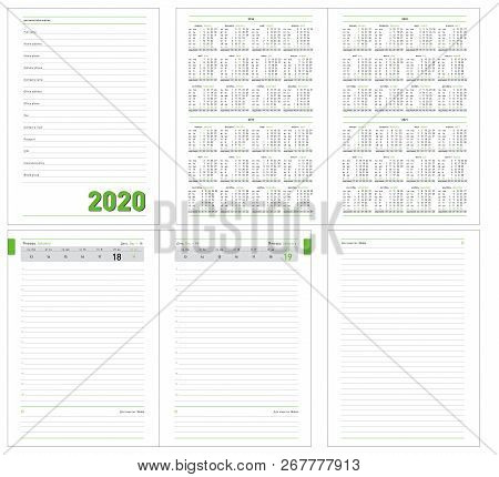 Datebook 2020 Year. Diary 2020. Daily Planner With Calendar For 2018, 2019, 2020, 2021 Years. Templa