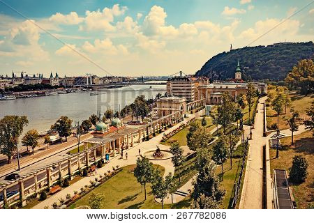 Budapest, Hungary, July 2018. Cityscape Of Budapest From The Buda Castle With The Gellert Hill And T