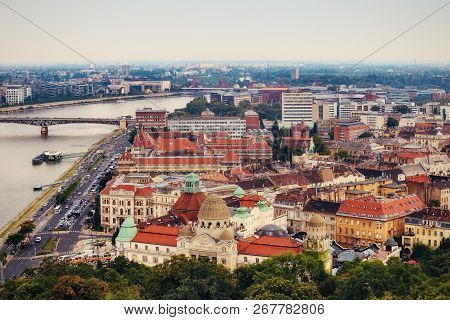 Budapest, Hungary, July 2018. View Of The Gellert Baths And The Danube River From Gellert Hill.