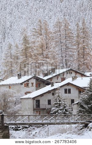 Small Village In The French Alps Covered In Snow, Bessans, France, 2018.