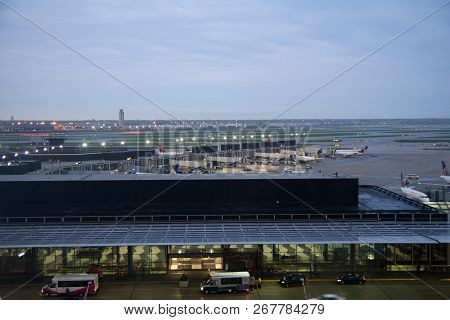 Chicago, Illinois, United States - May 11th, 2018: Several Airplanes At The Gate At Chicago Ohare In