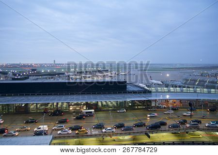 Chicago, Illinois, United States - May 11th, 2018: Several Airplanes At The Gate At Chicago Ohare In