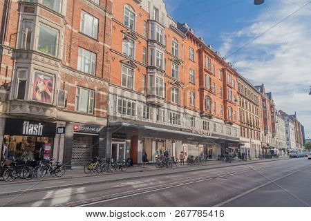 Copenhagen, Denmark - August 26, 2016: Houses Lining Vesterbrogade Street In Copenhagen Denmark