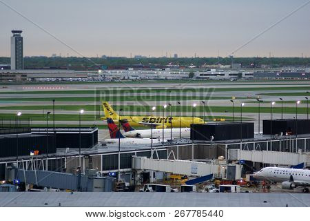 Chicago, Illinois, United States - May 11th, 2018: Several Airplanes At The Gate At Chicago Ohare In