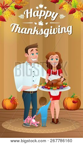 Illustration For Thanksgiving Day. Happy Young Family With Baked Turkey. Background Decorated With A