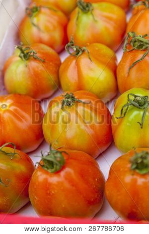 Oxheart Tomato From Liguria Called Cuore Di Bue At A Market Stall.