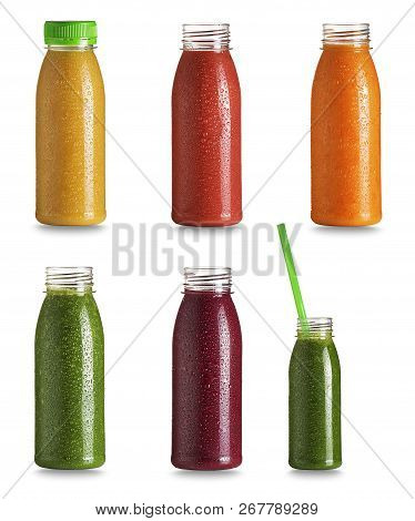 Collection Of Bottles With Fresh Healthy Smoothie With Vegetabls And Fruits. Raw, Vegan, Vegetarian,