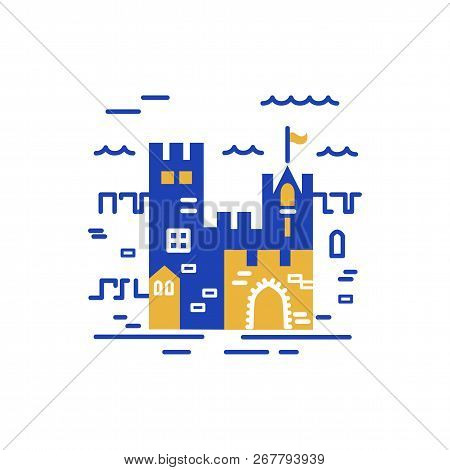 Castle Logo Design. Flat And Line Style Vector Illustration. Travel Concept. Kingdon Symbol. Vector 