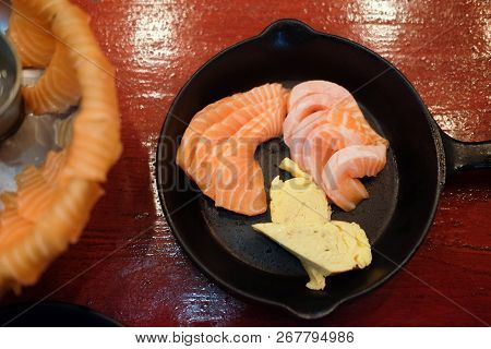 Japanese Food Delicacy Consisting Sashimi Salmon Of Very Fresh Raw Salmon Fish Sliced