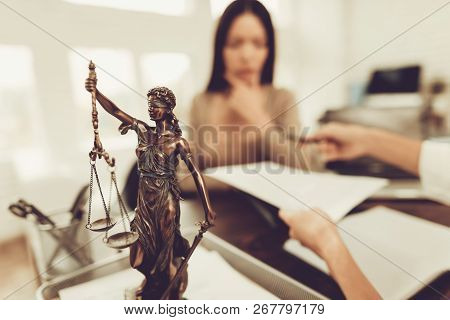 Young Woman Came To The Lawyer. Divorce Concept. Disappointed Female. Broken Heart. Consultation Wit