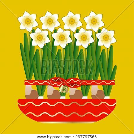 Chinese New Year. 8 Narcissus Bloom In A Ceramic Pot. Tied With A Red Ribbon With A Bow. Pendant Pig