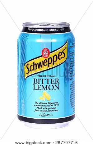 Novyy Urengoy, Russia - November 7, 2018: Aluminium Can Of The Schweppes Bitter Lemon Isolated Over 