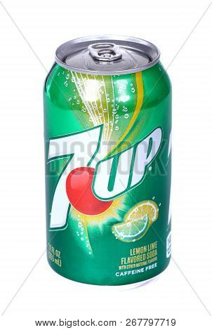 Novyy Urengoy, Russia - November 7, 2018: Aluminium Can Of The 7up Lemon Lime Isolated Over White Ba