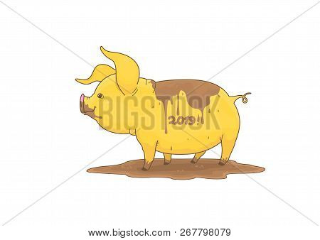 Piggy Yellow In The Dirt New Year 2019 On A White Background