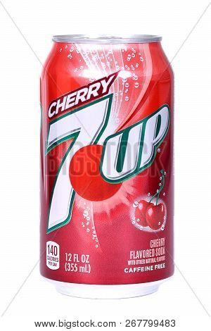 Novyy Urengoy, Russia - November 7, 2018: Aluminium Can Of The 7up Cherry Isolated Over White Backgr